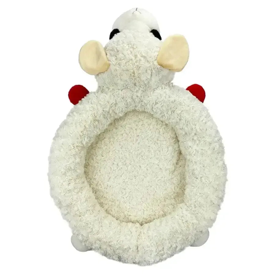 Close-up of the Multipet Lamb Chop dog bed with red detailing resembling a stuffed toy