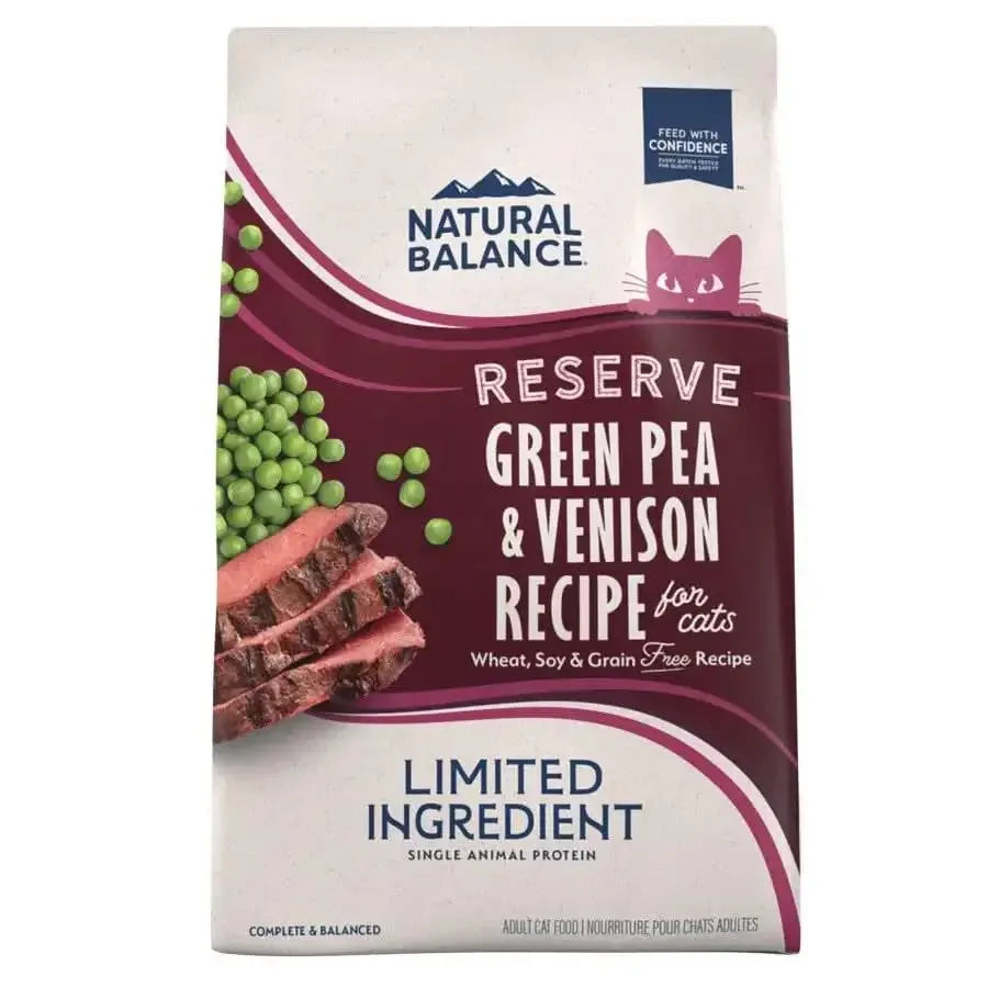 Natural Balance L.I.D. Grain-Free Dry Cat Food bag, Green Pea & Venison Recipe for sensitive adult cats.