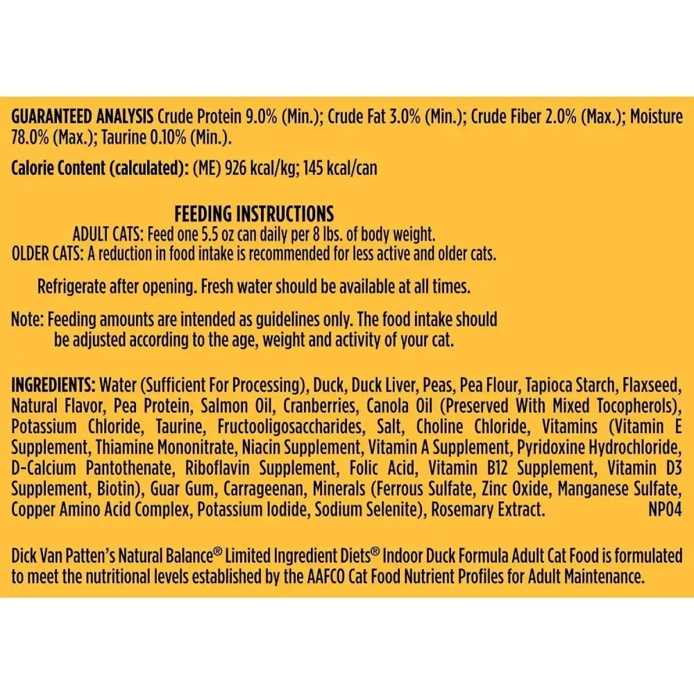 Natural Balance Pet Foods L.I.D. Indoor Duck Wet Cat Food 24ea/5.5 oz - Talis Us