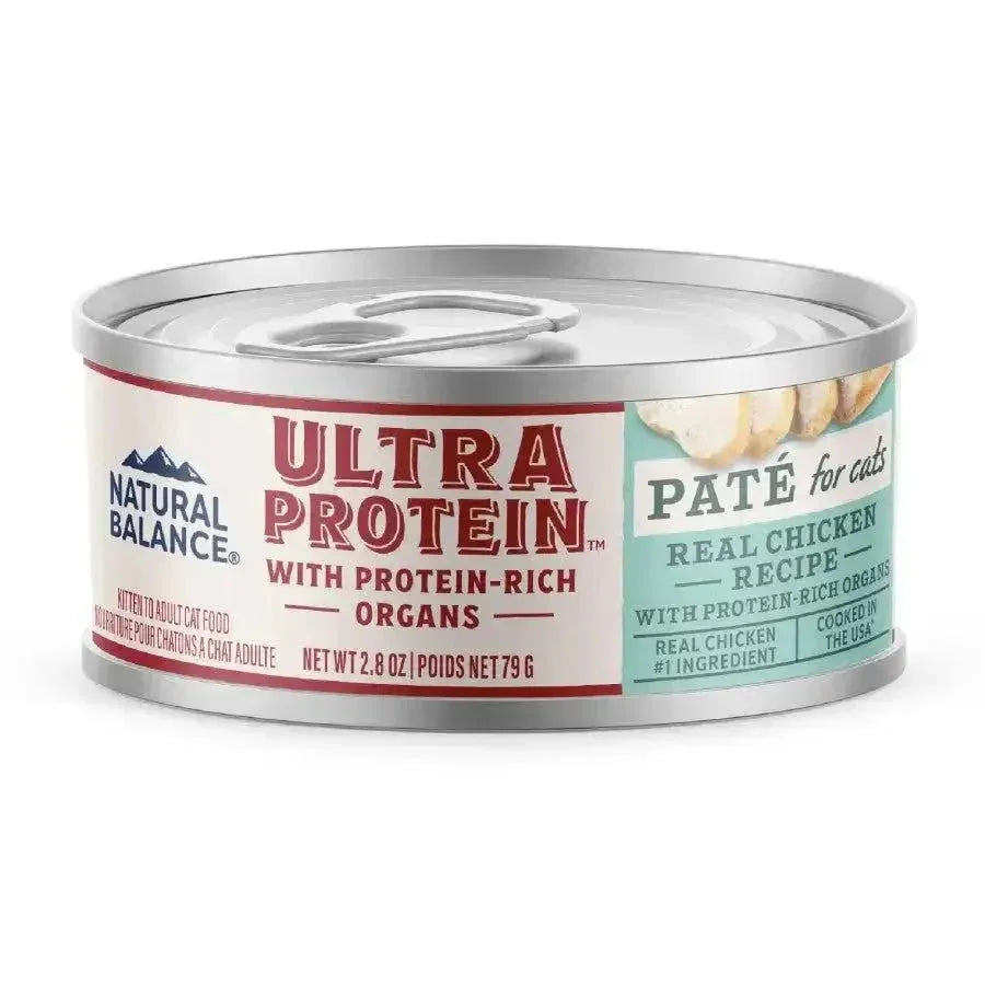 Natural Balance Ultra Protein Rich Organs Paté for Cats, Real Chicken Recipe 2.8 oz canned cat food on white background.