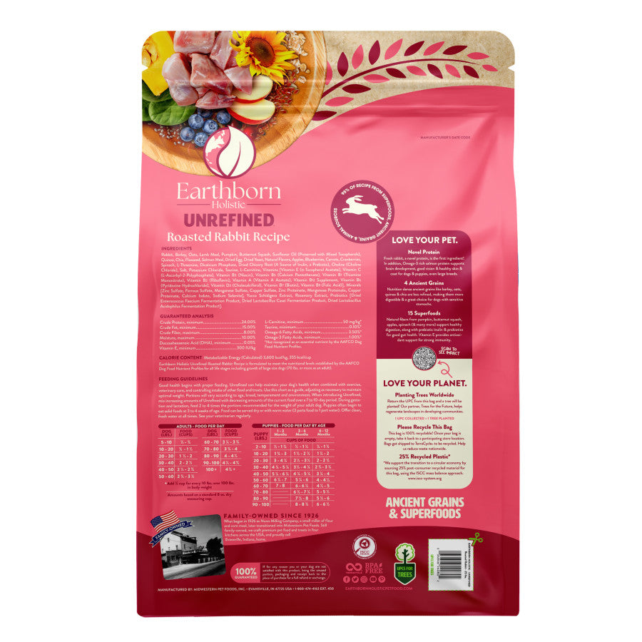 Earthborn Holistic Unrefined Roasted Rabbit Recipe dog food bag with grains and berries