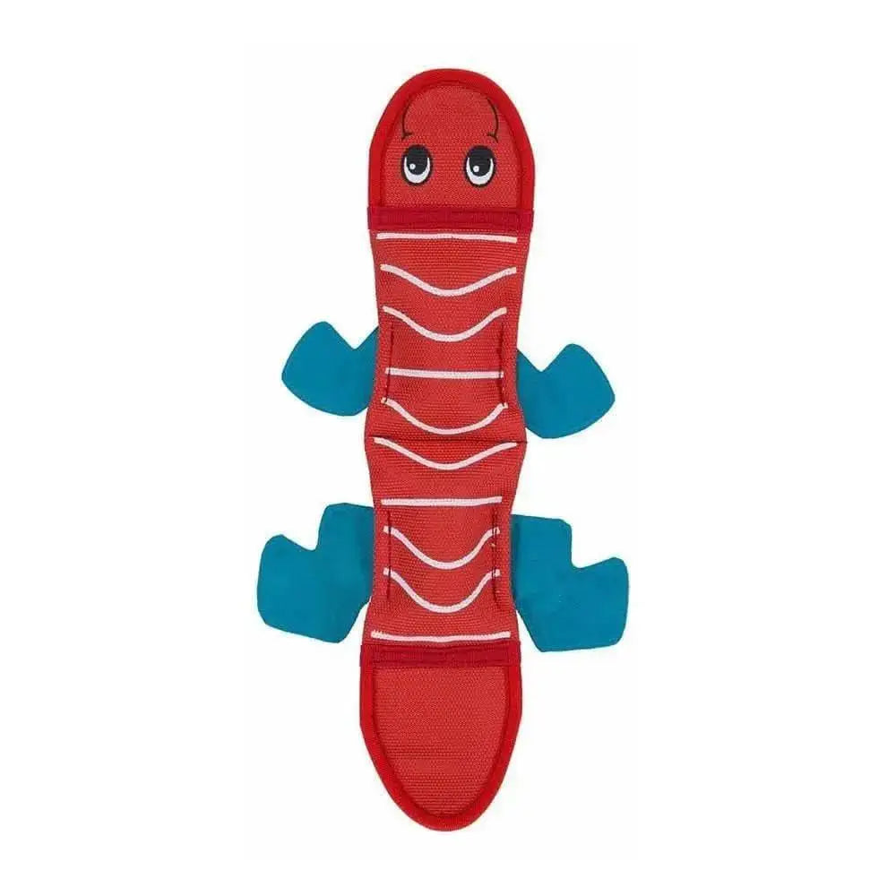 The Outward Hound® Fire Biterz Lizard Dog Toy in medium is a red, lizard-shaped plush with blue legs and a smiling face, made from durable fire hose material with Chew Shield Technology, shown on a white background.