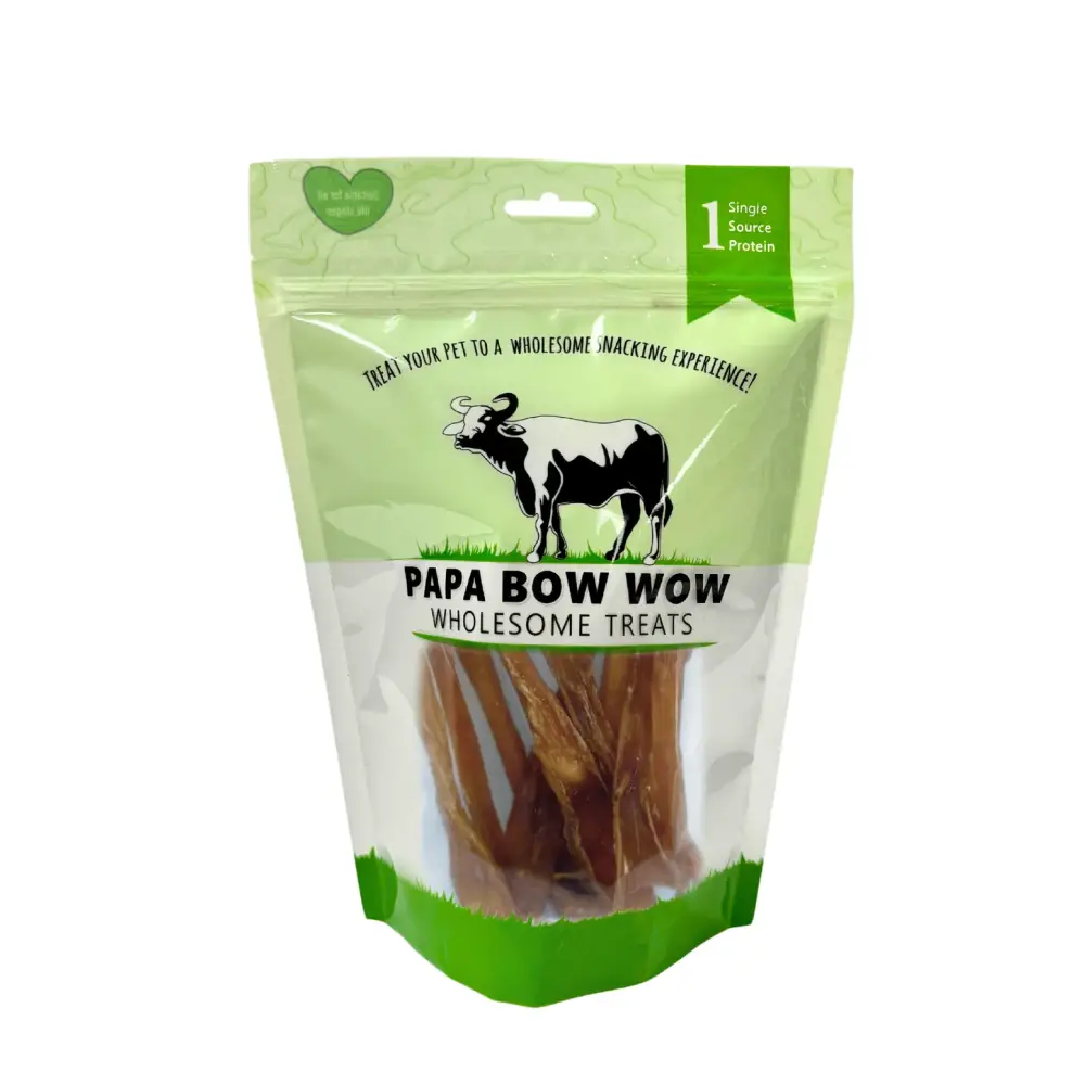 Papa Bow Wow buffalo tendon dog treats in a resealable bag for healthy pet snacking