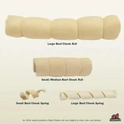 Various sizes of beef cheek roll dog treat including large, small, and medium options for dogs
