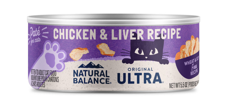 Natural Balance Ultra Premium Wet Cat Food 5.5 oz can, Chicken & Liver Recipe Pate with wheat and soy free ingredients.