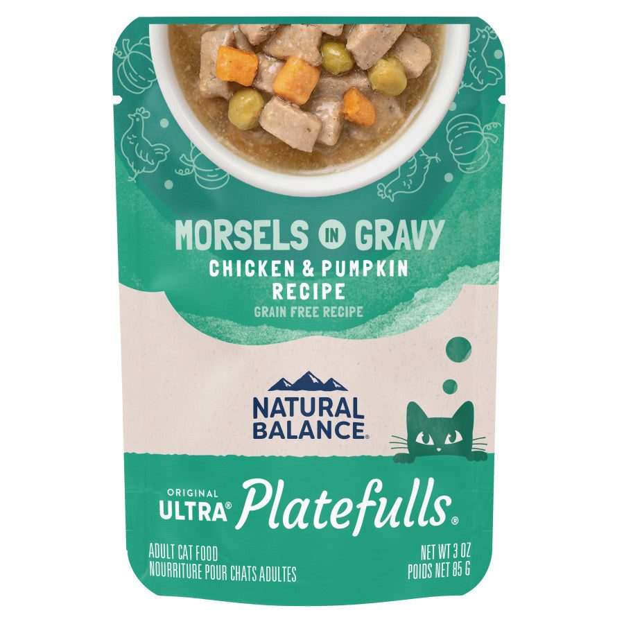 Natural Balance Platefulls Chicken & Pumpkin Recipe Morsels in Gravy, 3 oz wet cat food pouch.