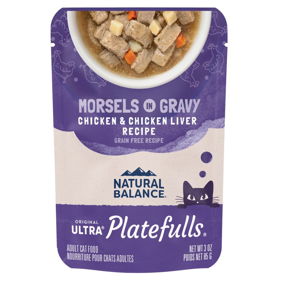 Natural Balance Platefulls Chicken & Chicken Liver Recipe Morsels in Gravy wet cat food pouch.