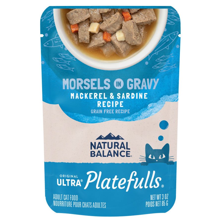 Natural Balance Platefulls Mackerel & Sardine Recipe in Gravy 3 oz pouch for adult cats.