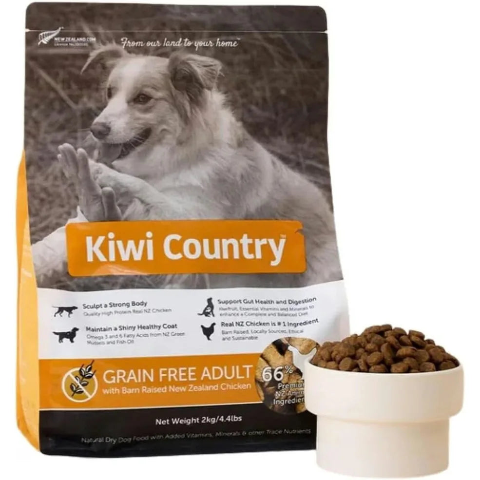 Kiwi Country Grain Free Chicken Dog Food in a 4lb bag with kibble in a bowl for adult dogs