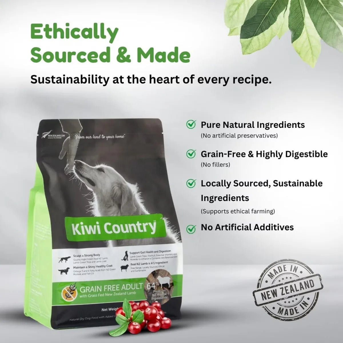 Kiwi Country Grain Free Lamb Dog Food bag, natural ingredients for healthy adult dogs