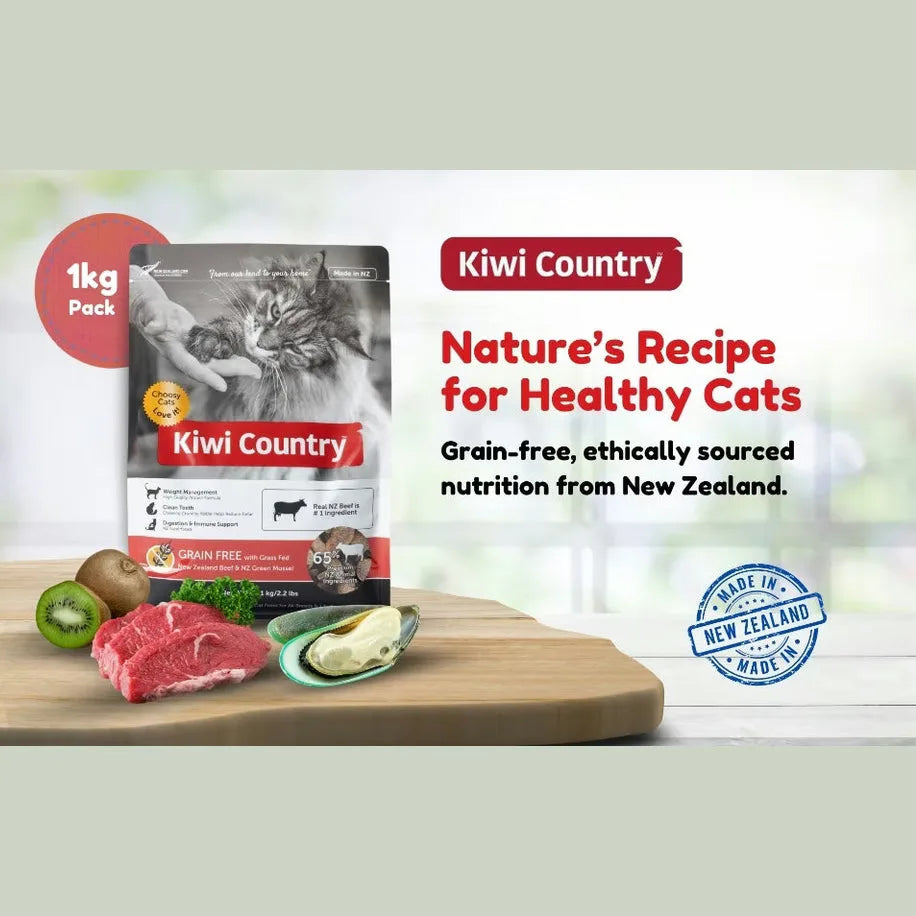 Kiwi Country 1kg Grain Free Beef Cat Food with ethically sourced ingredients for healthy cats