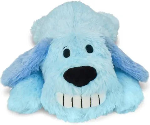 Soft blue plush dog toy shaped like a smiling dog with floppy ears and textured fabric for gentle play.