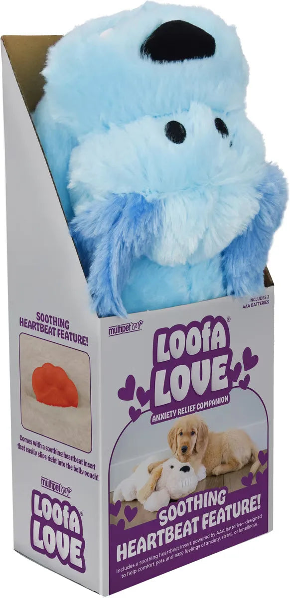 Light blue plush dog toy with soft fuzzy texture and heart-shaped heartbeat feature for calming comfort.