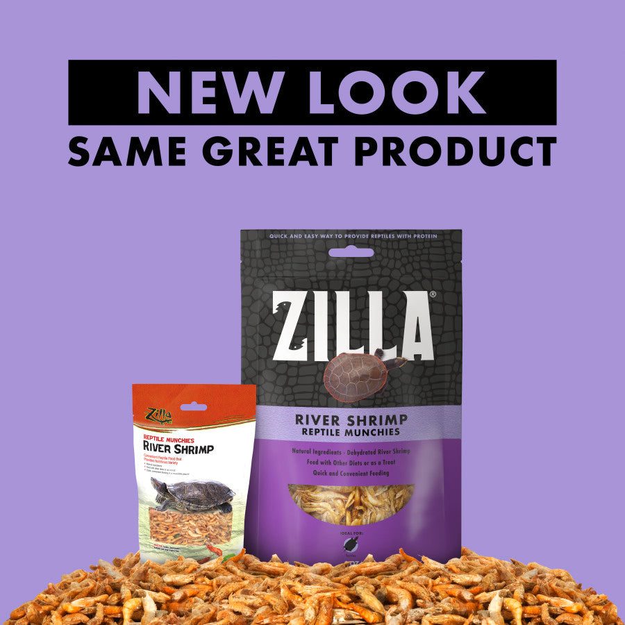 Zilla Freeze Dried River Shrimp Munchies for Reptiles, featuring new packaging with shrimp snacks displayed.
