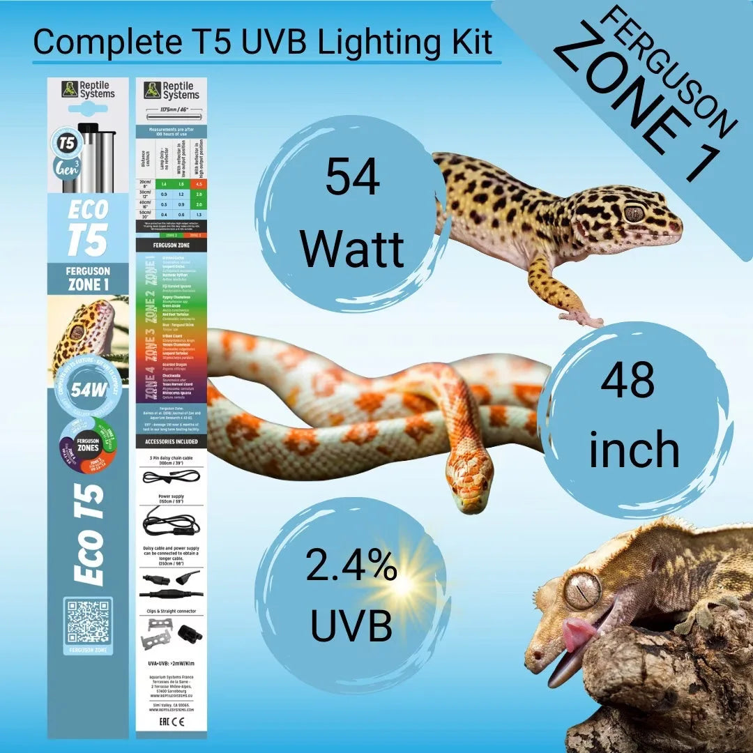 Reptile Systems Eco T5 Unit Zone 1 lighting kit with 54W, 48-inch, 2.4% UVB lamp and accessories.