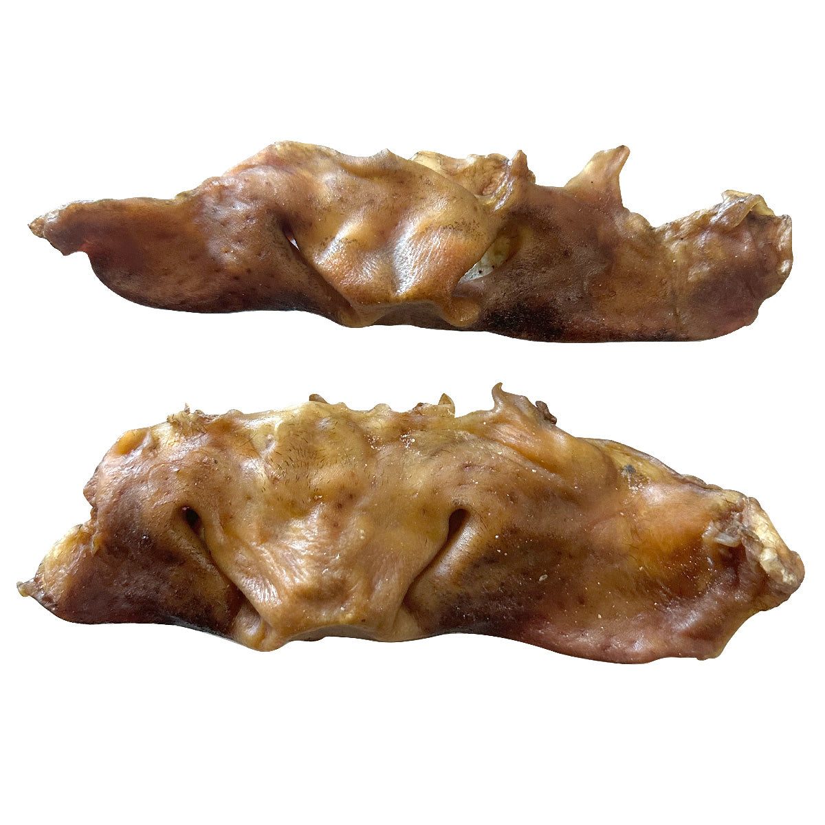 Two natural, dried water buffalo snout dog treats shown from different angles on a white background.