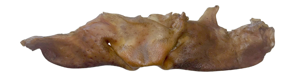 A single, natural-colored, dried water buffalo snout dog chew treat on a white background.