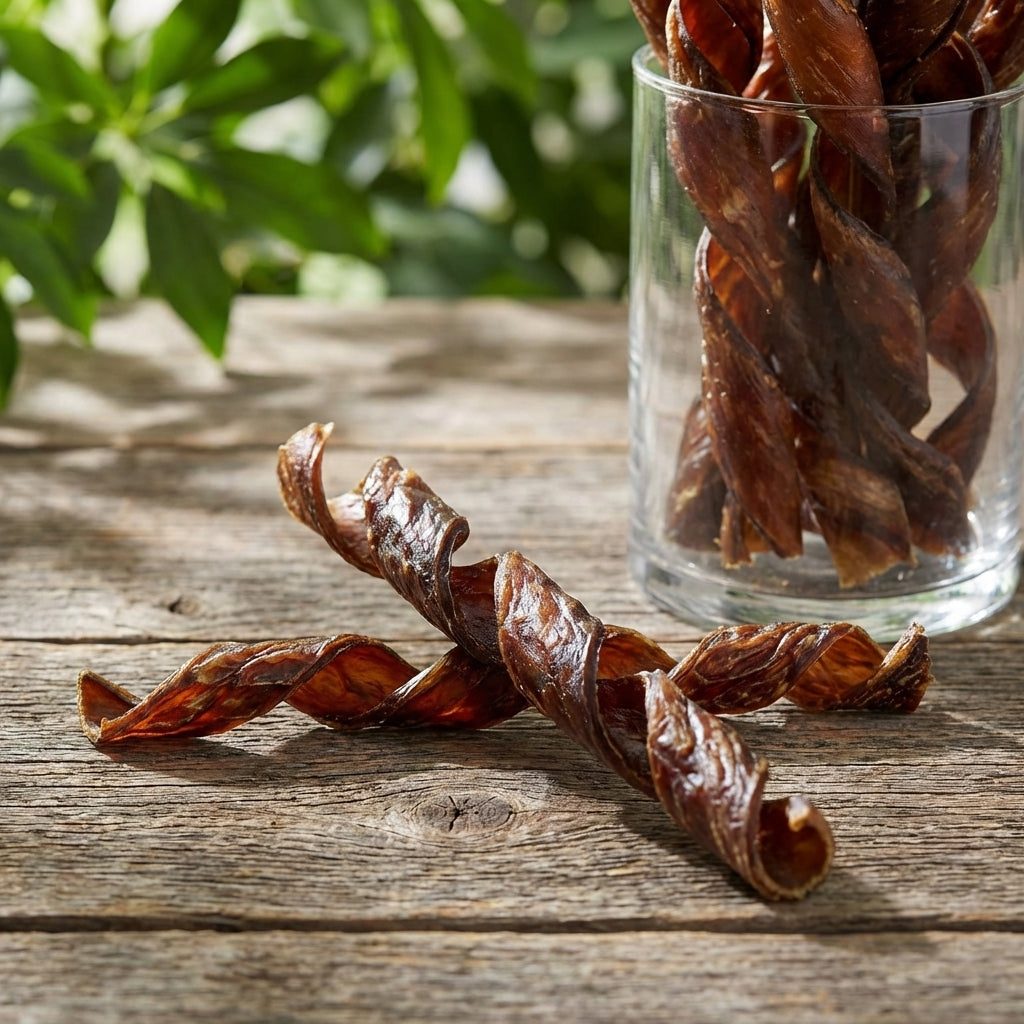 Close-up of spring-shaped beef jerky treats for dogs with crisp texture and natural beef color, on rustic wood with outdoor ambiance.