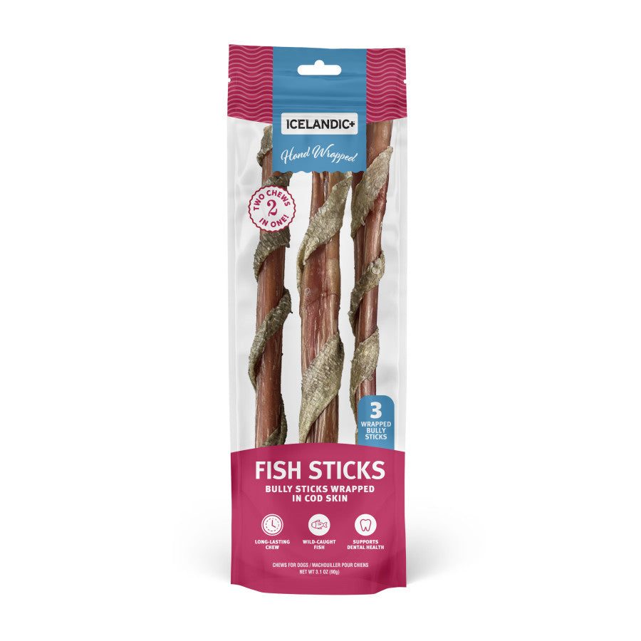 Icelandic+ Fish Sticks, bully sticks wrapped in cod skin for dogs, ideal tasty treat