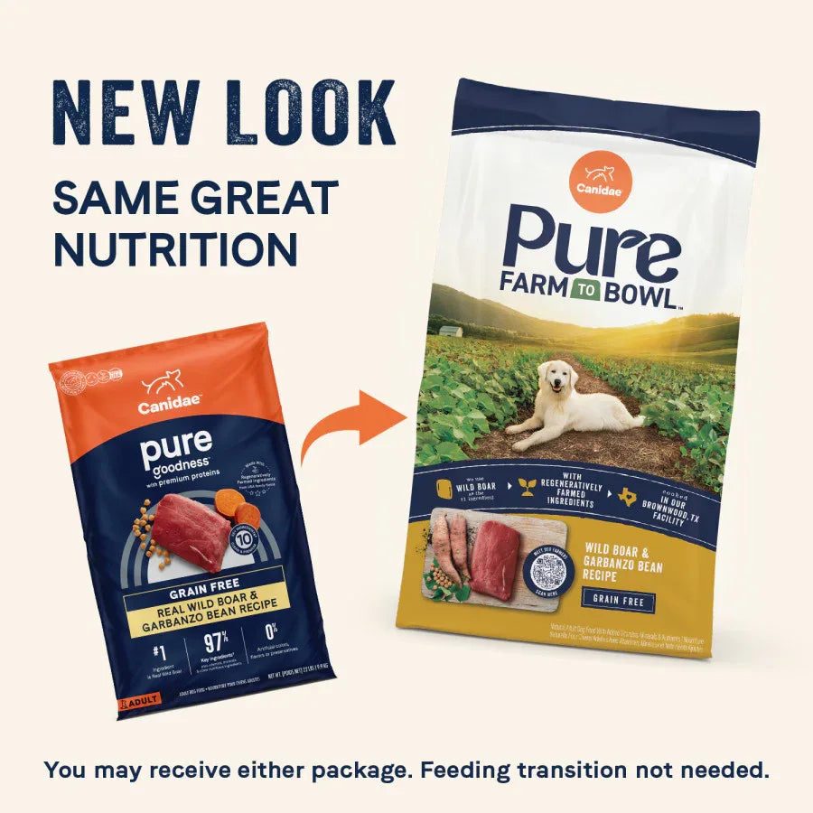 Grain-free wild boar and garbanzo bean recipe dog food by Canidae, featuring new and old packaging.