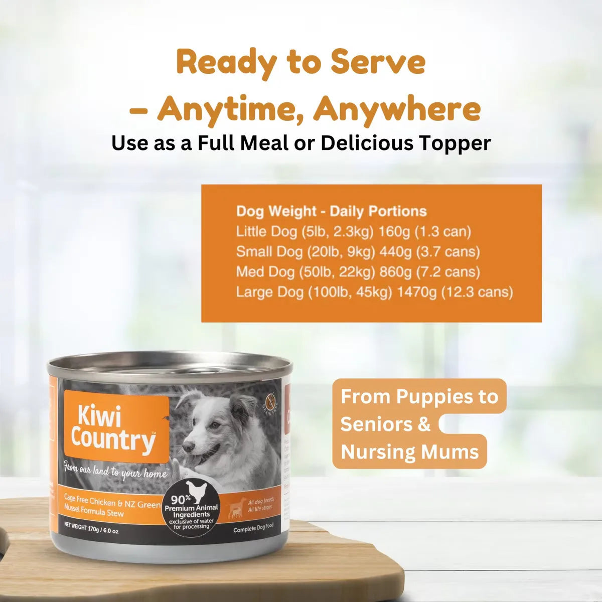 Kiwi Country grain free chicken dog food cans for dogs, perfect for all sizes from puppies to seniors.