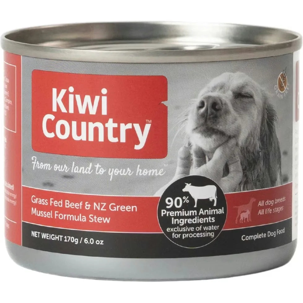 Kiwi Country grain free wet dog food for sensitive stomach in Grass Fed Beef and NZ Green Mussel Formula Stew