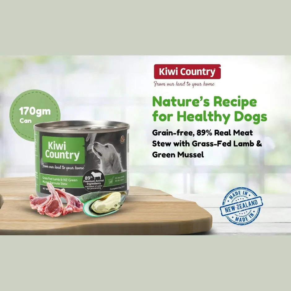 Kiwi Country natural dog food with green mussel in a 170gm can featuring grain-free lamb stew
