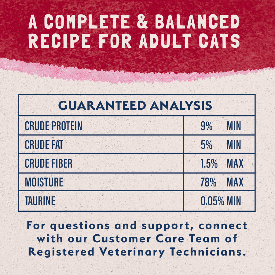 Guaranteed analysis chart for Natural Balance Ultra Premium wet cat food showing protein, fat, fiber, moisture, and taurine.
