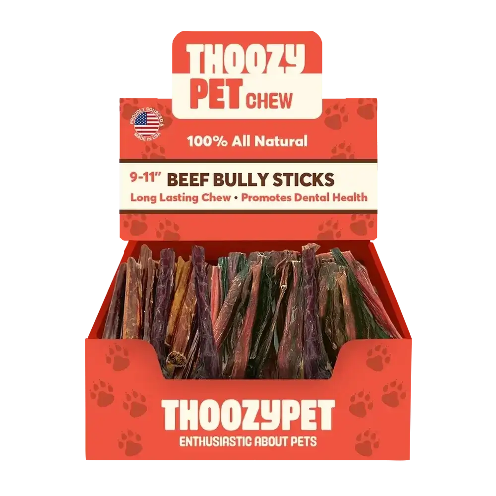 A red ThoozyPet box holds rows of 9-11 inch USA-sourced beef bully stick dog chews, labeled as 100% all natural, long lasting, and promoting dental health.