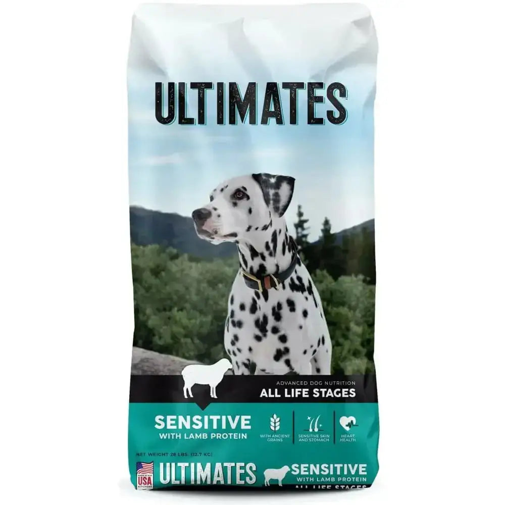 Ultimates sensitive stomach dog food with lamb protein for all life stages in a 30-pound bag