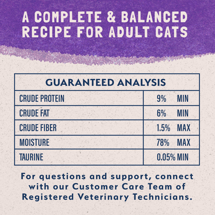 Guaranteed analysis chart for Natural Balance Ultra Premium Wet Cat Food showing protein, fat, fiber, and taurine levels.