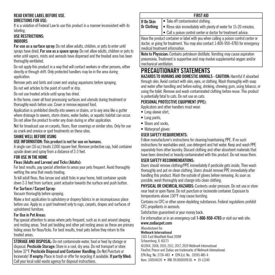 Label for Zodiac® CPD Carpet and Upholstery Aerosol Spray 16 oz features safety instructions, precautionary and first aid statements, use restrictions, environmental hazards, and user safety info. Printed in black on white.
