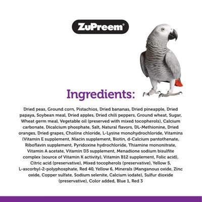 ZuPreem Pure Fun bird food ingredients list with a parrot graphic for pet owners