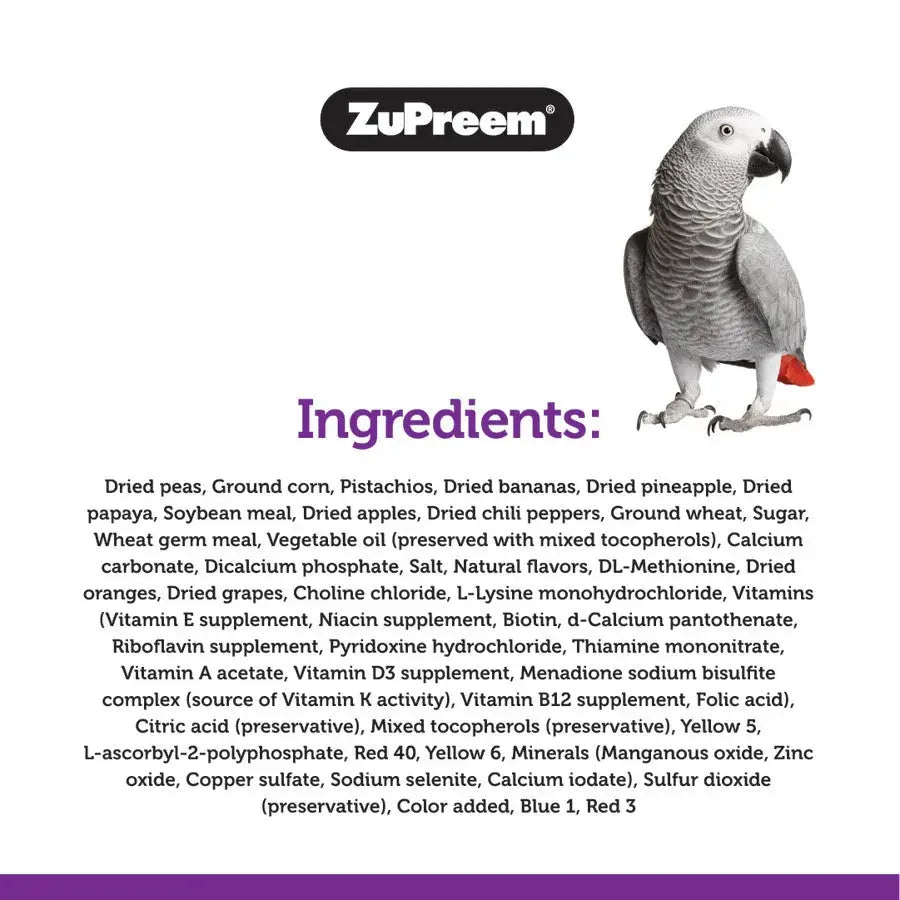 ZuPreem Pure Fun bird food ingredients list with a parrot graphic for pet owners
