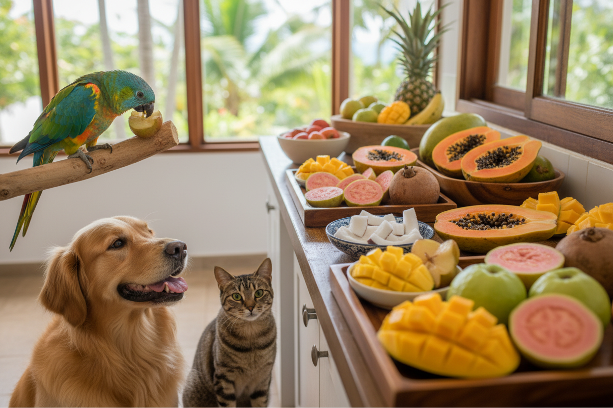 Dog, cat, and parrot enjoying fresh jamaican fruit in a pet-friendly kitchen setting
