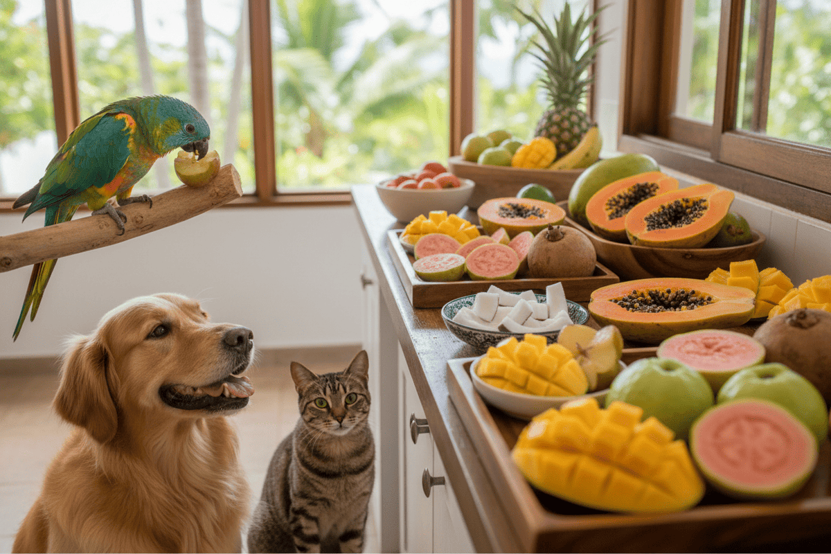 Dog, cat, and parrot enjoying fresh jamaican fruit in a pet-friendly kitchen setting