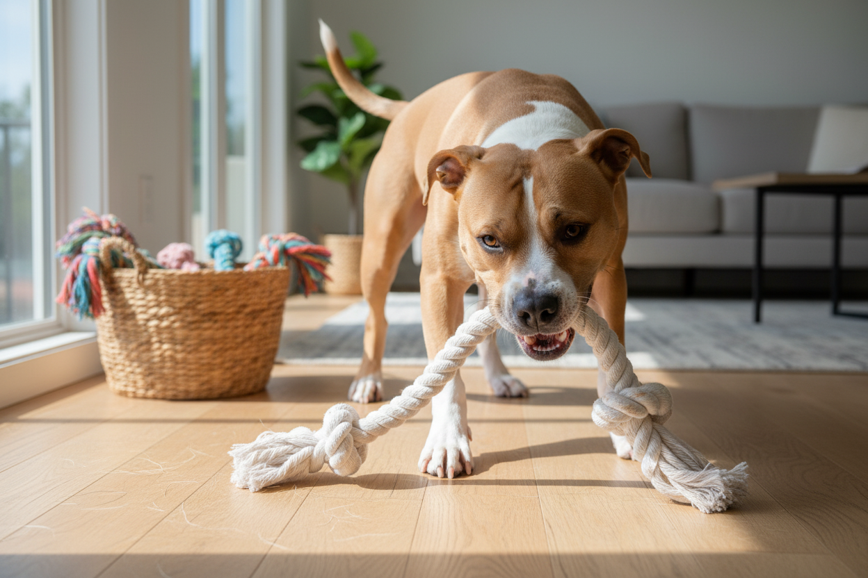 Strong dog playing indoors with durable dog rope toys for active chewing and tug-of-war fun