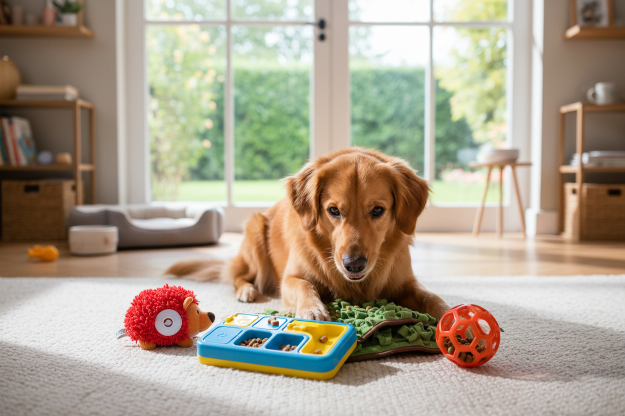 Golden retriever playing with puzzle toys and treats for an interactive dog toys guide at home