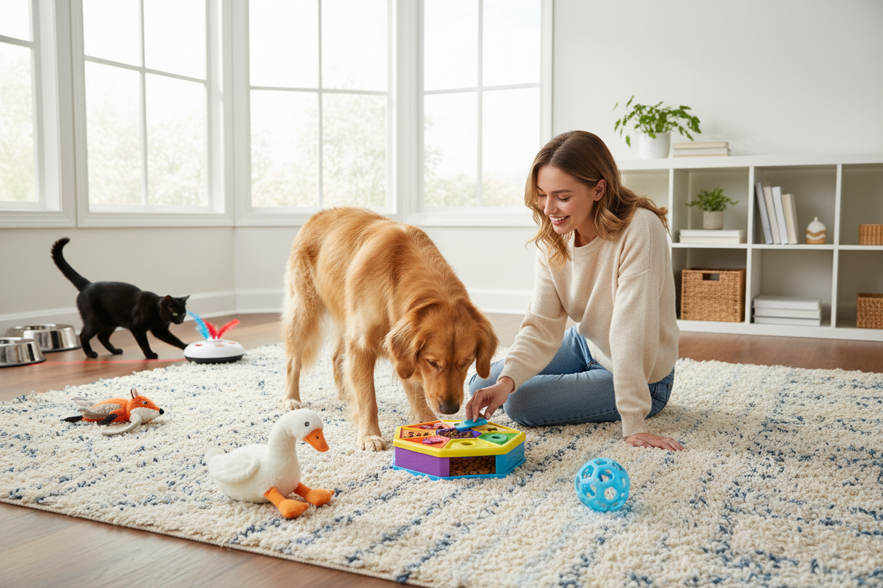 Woman playing with dog and cat using puzzle toys, interactive pet toys guide for engaging pets indoors