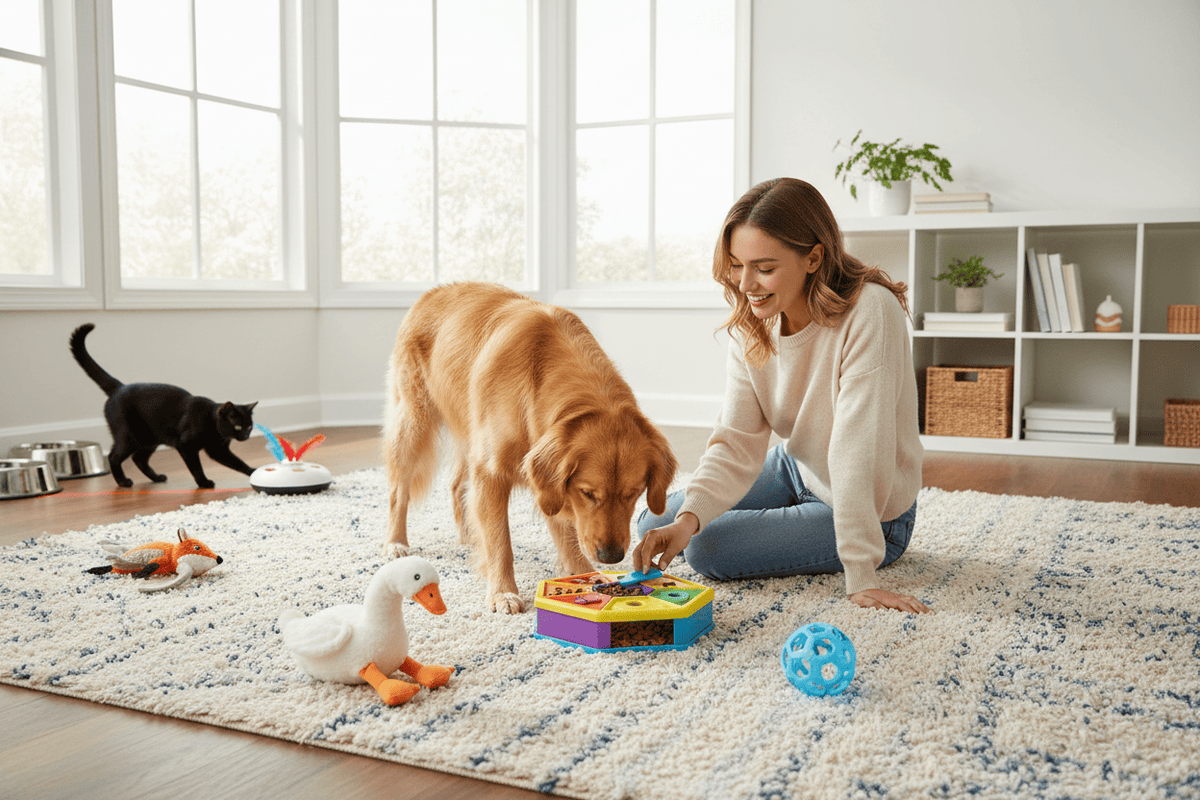 Woman playing with dog and cat using puzzle toys, interactive pet toys guide for engaging pets indoors