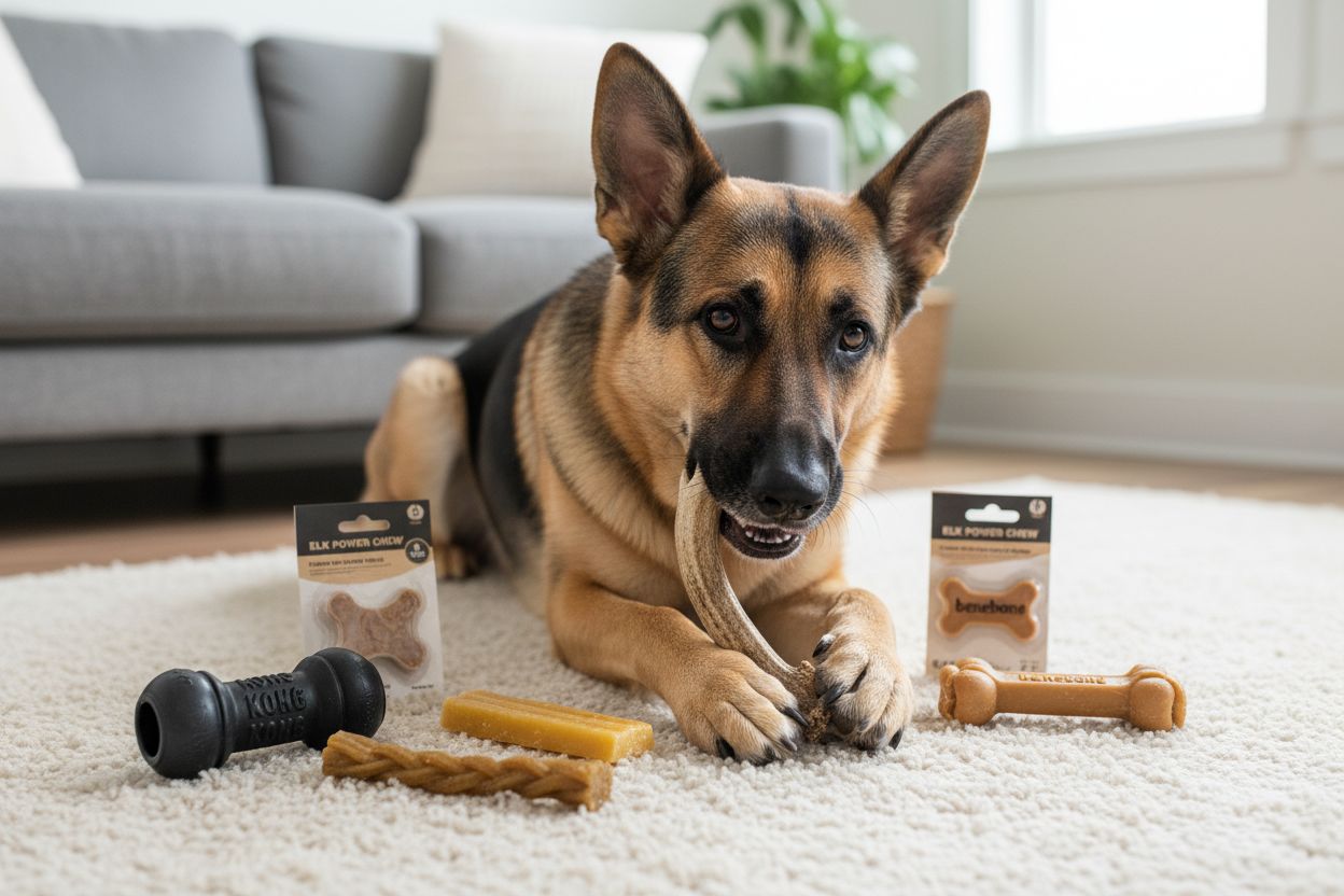German shepherd enjoying long lasting dog chews with assorted durable dog treats and chew toys on carpet