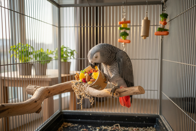 African grey parrot enjoying bird foraging treats in a large cage with natural enrichment toys