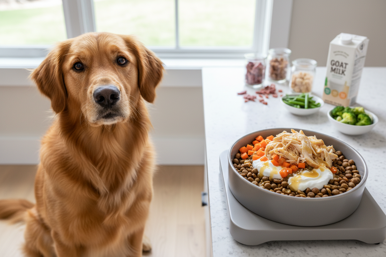 Golden retriever waiting for a meal topped with healthy dog food toppers for added nutrition