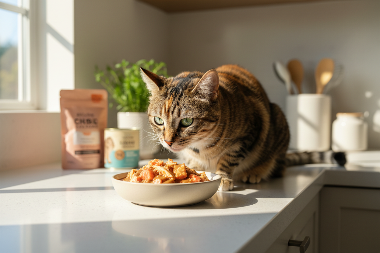 Tabby cat enjoying the best wet food for picky cats in a sunlit kitchen setting