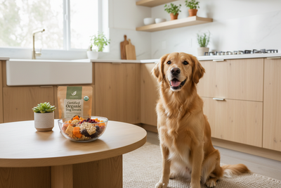 Happy golden retriever in kitchen with certified organic dog treats highlighting organic dog treats benefits