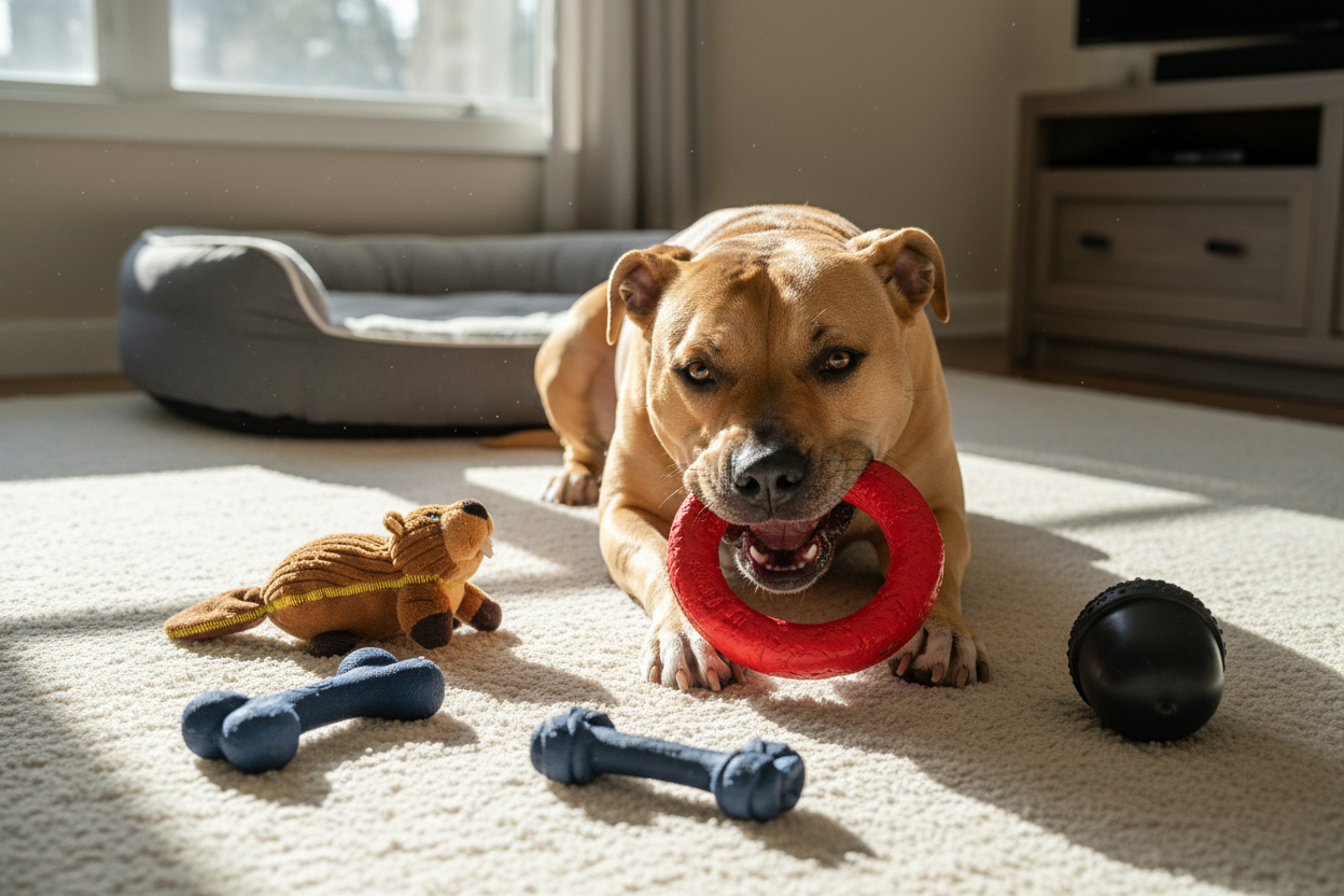 Strong dog playing with durable dog toys for aggressive chewers on a carpet, ideal for tough play sessions