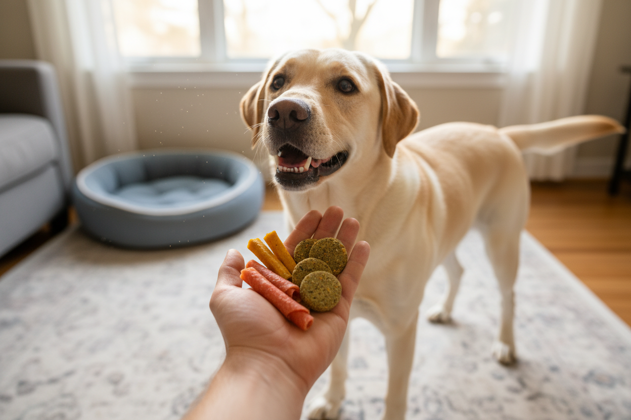Labrador eagerly waiting for healthy treats for dogs in a cozy home setting