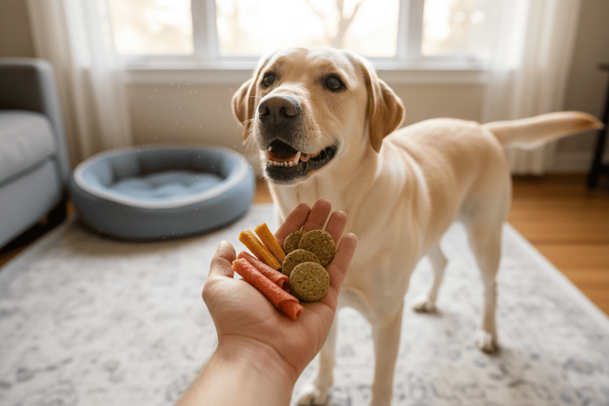 Labrador eagerly waiting for healthy treats for dogs in a cozy home setting