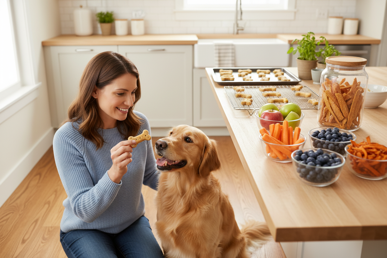 Woman offering her dog healthy pet treats alternatives with fresh fruits and vegetables on the kitchen counter