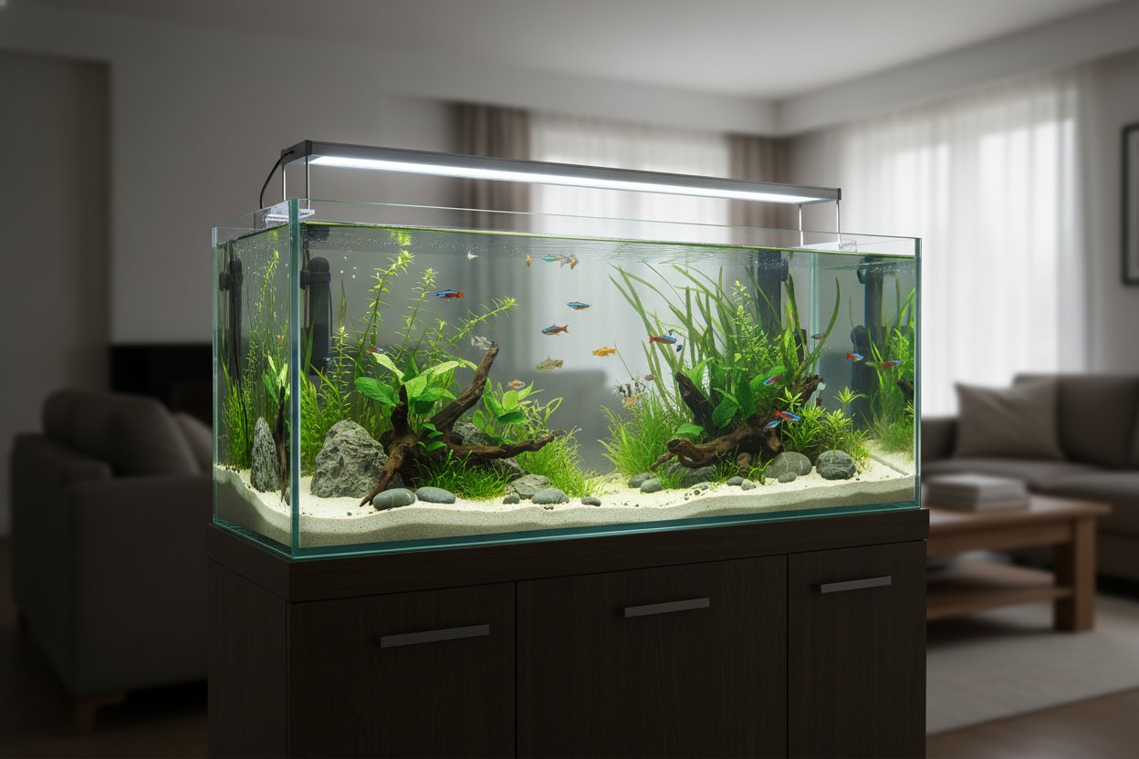 Modern living room featuring a vibrant aquarium with a 72 in aquarium light for healthy fish and plants